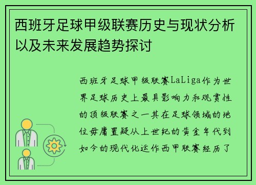 西班牙足球甲级联赛历史与现状分析以及未来发展趋势探讨
