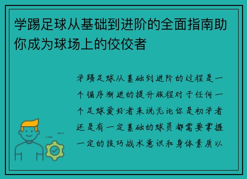 学踢足球从基础到进阶的全面指南助你成为球场上的佼佼者