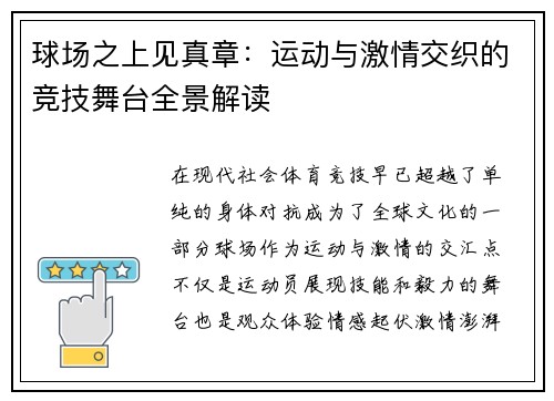 球场之上见真章：运动与激情交织的竞技舞台全景解读